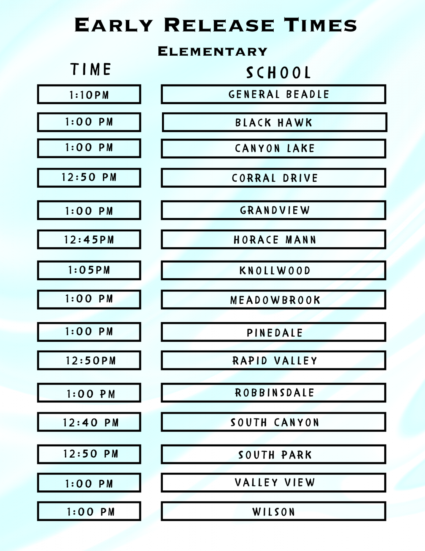 Early Release Schedule – Rapid City Area Schools