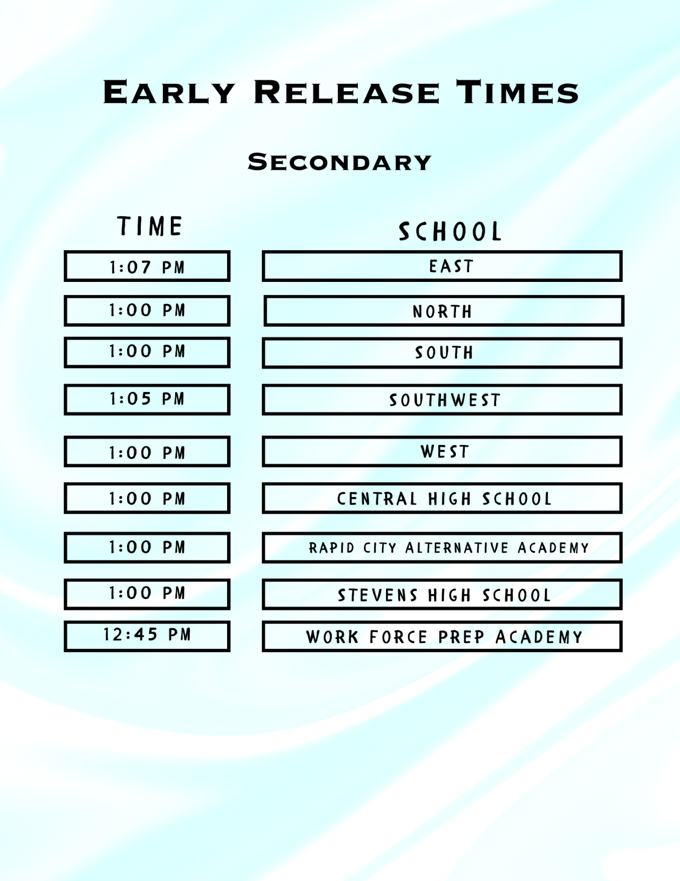 Early Release Schedule – Rapid City Area Schools