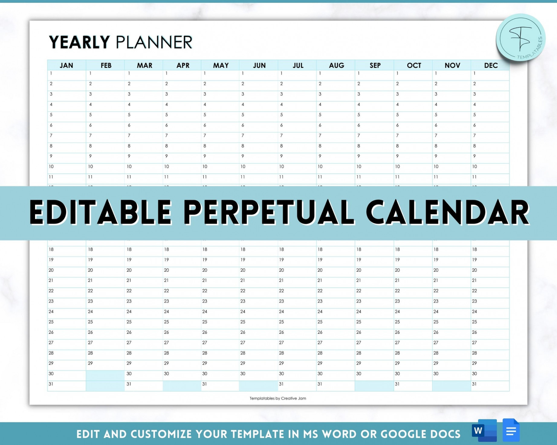 EDITABLE Perpetual Calendar  Undated Year at a Glance Reusable Calendar,  Year Overview on One Page, Annual  Month Planner  Blue
