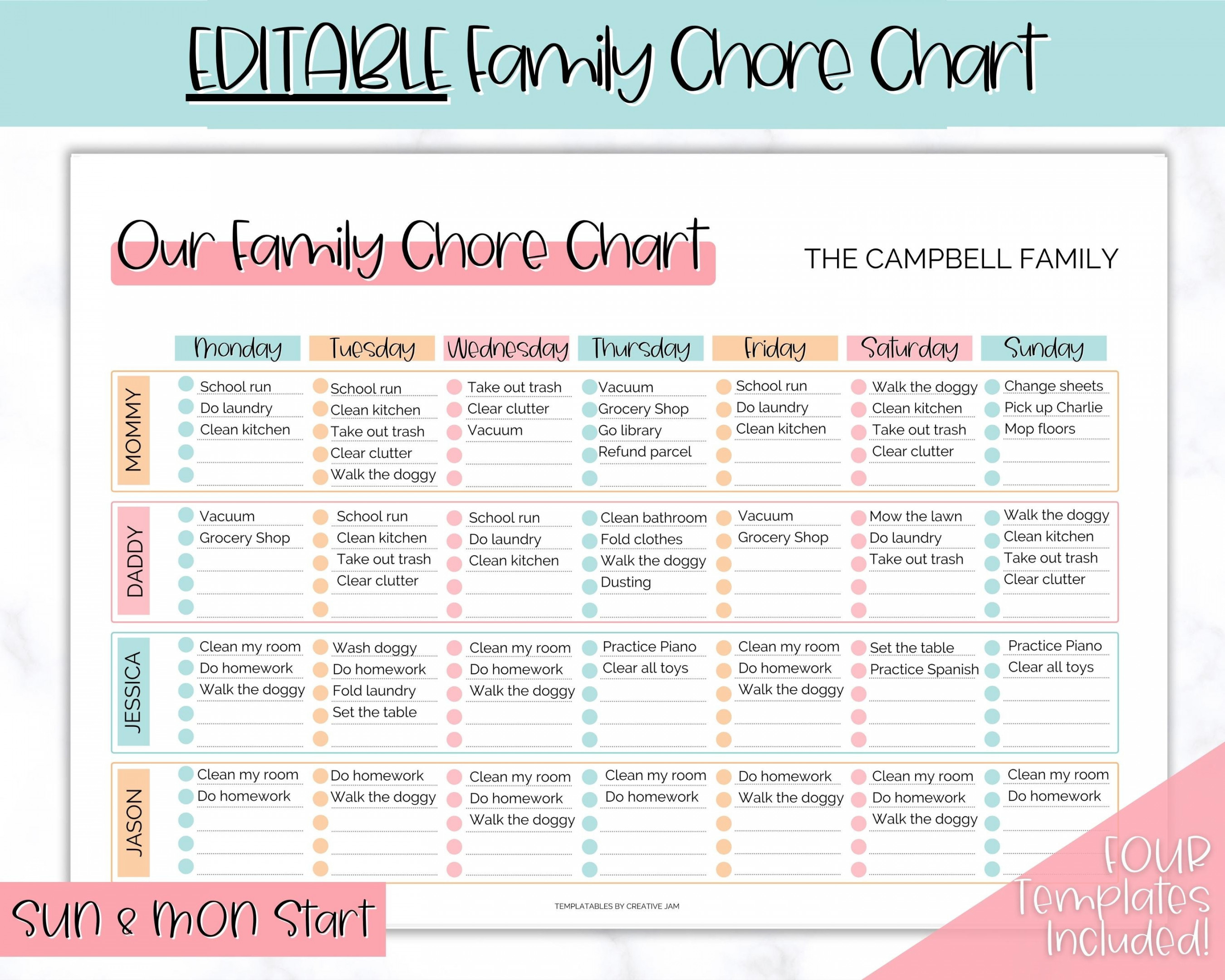 Family Chore Chart Editable Family Planner Printable Weekly - Etsy