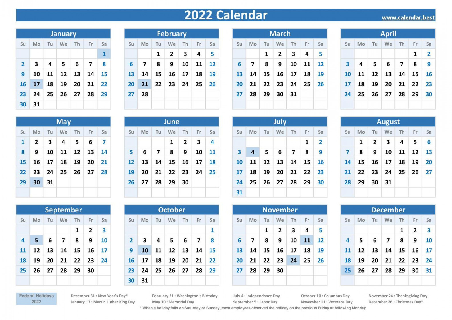 Federal Holidays : list and  calendar with holidays to print