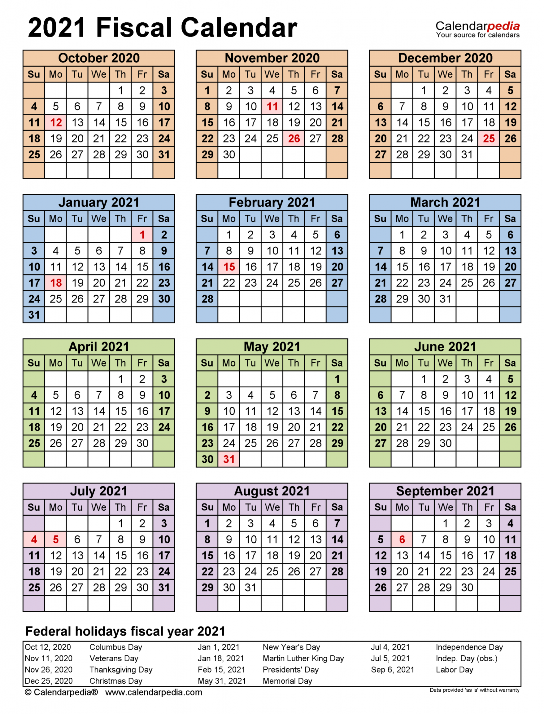 Fiscal Calendars  - Free Printable Pdf Templates in Federal