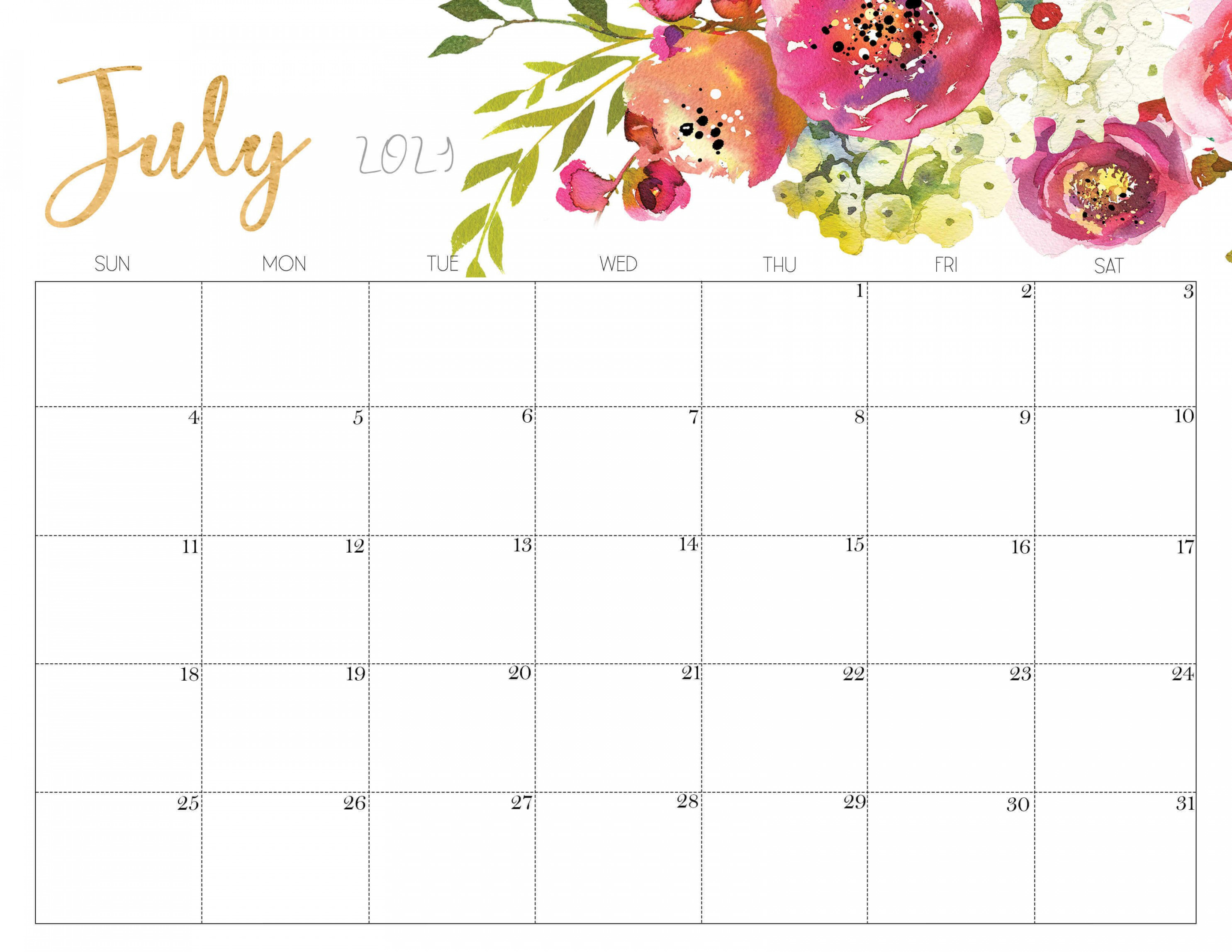 Floral July  Calendar Printable  Free printable calendar