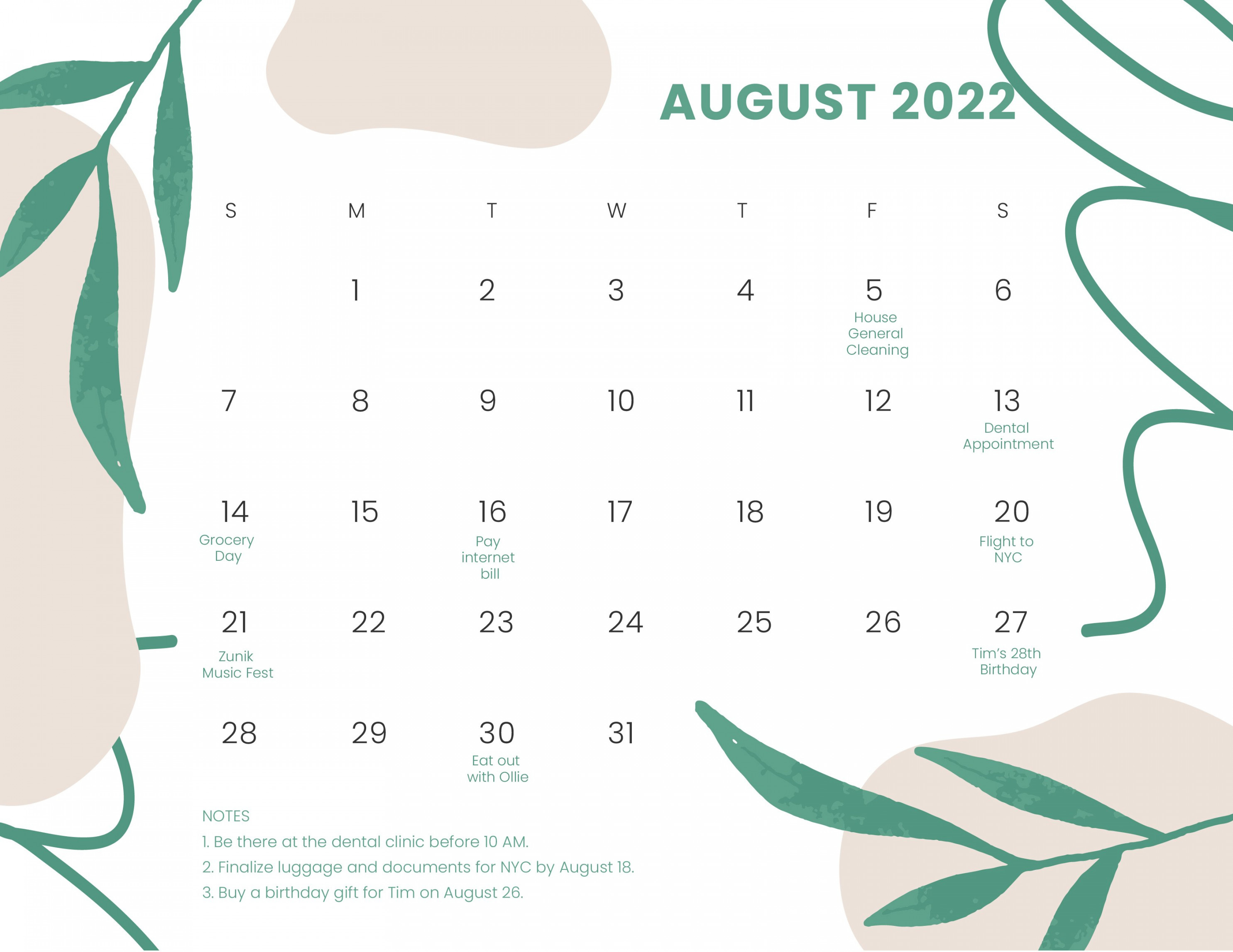 FREE August Calendar Template - Download in Word, PDF, Illustrator