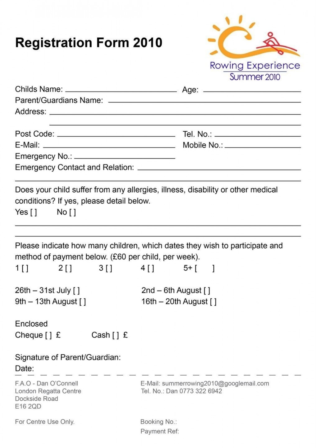 Free Download Blank Summer Camp Application  Registration form