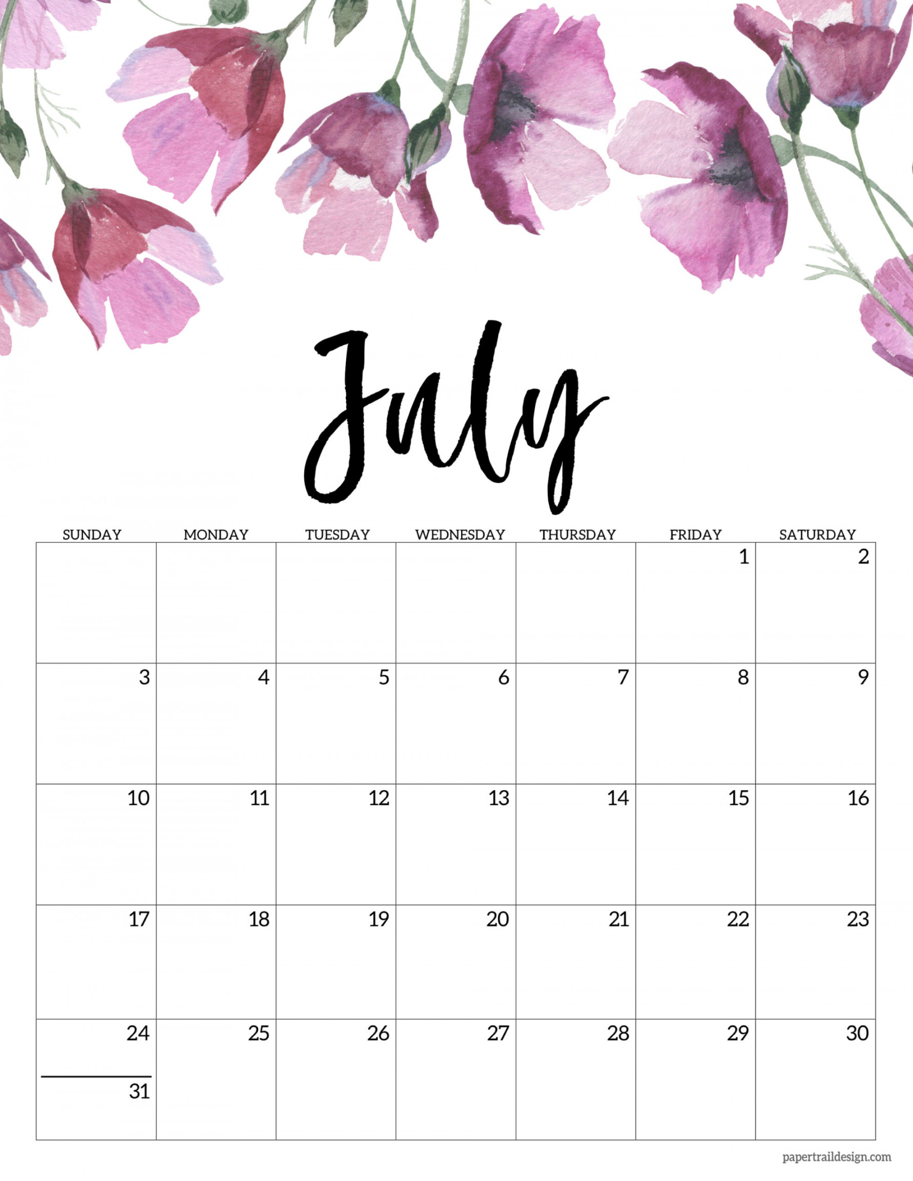 Free Printable Calendar  - Floral - Paper Trail Design
