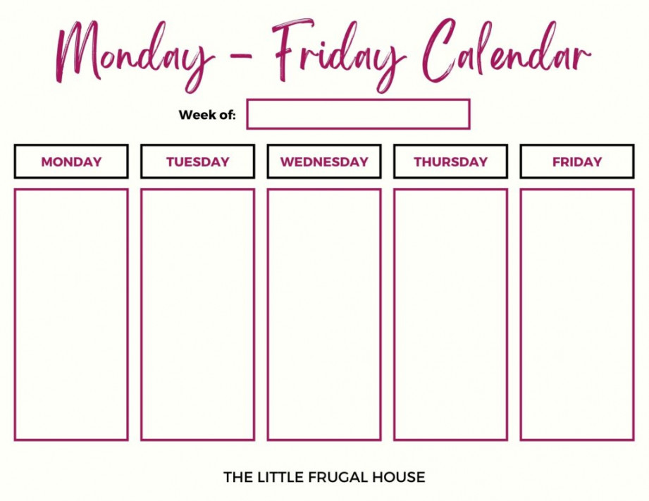 Free Printable Calendar: Monday Through Friday ( Weekly Color