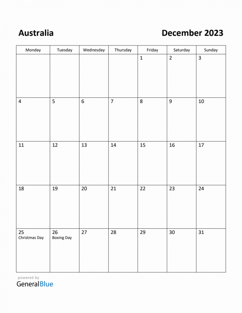 Free Printable December  Calendar for Australia