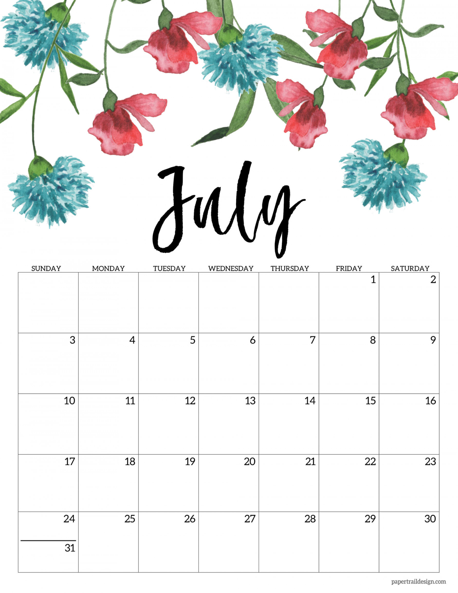 Free Printable  Floral Calendar - Paper Trail Design