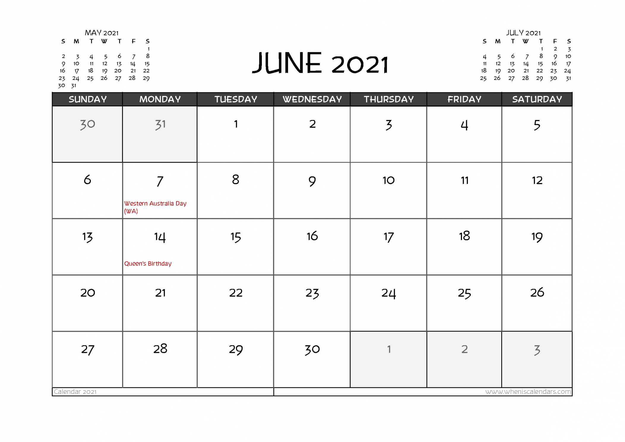 Free Printable June  Calendar Australia