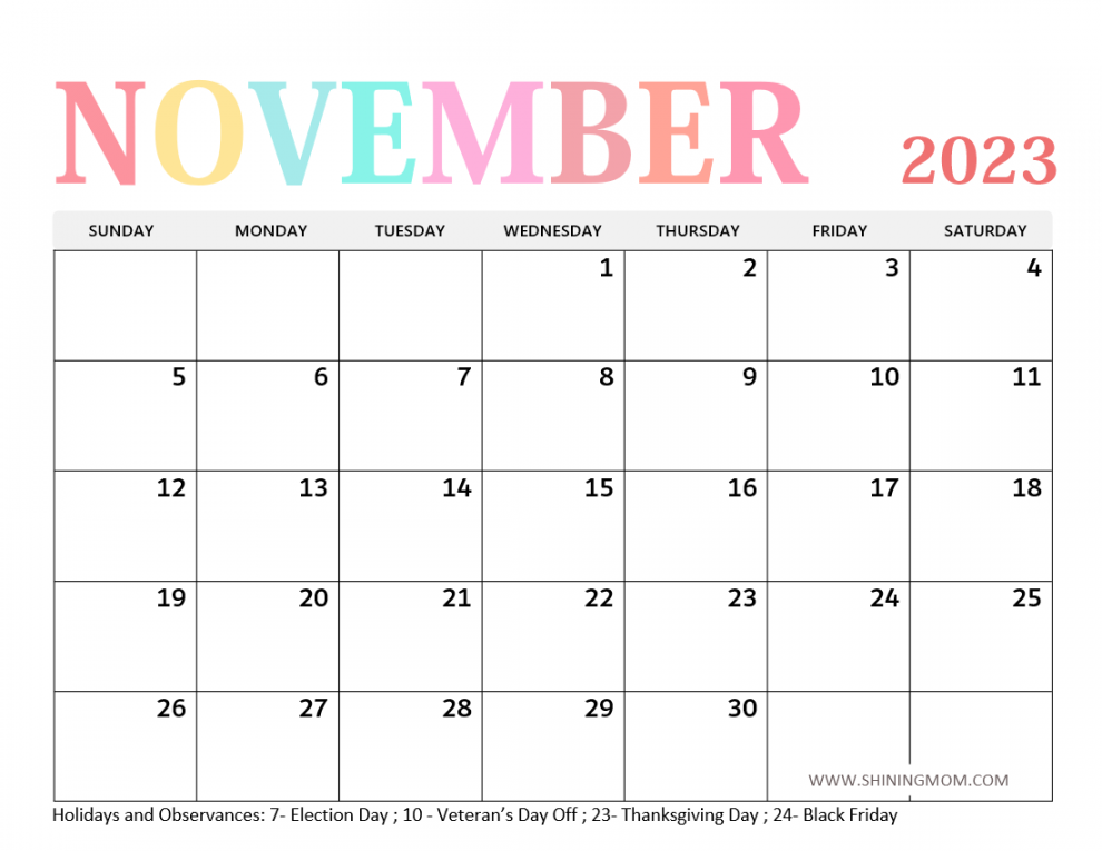 Free Printable November  Calendar with Holidays  Awesome Designs!