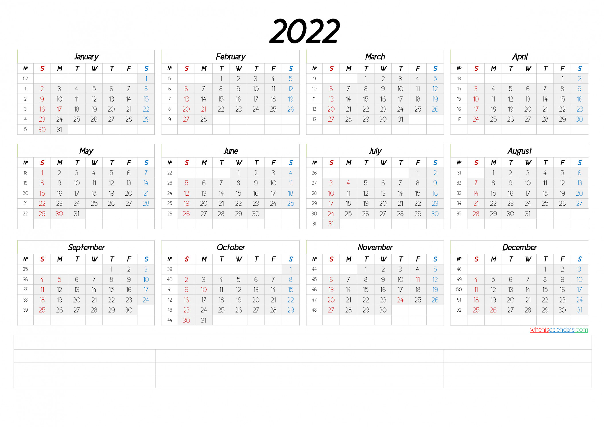 Free Printable  Yearly Calendar With Week Numbers ( Templates)