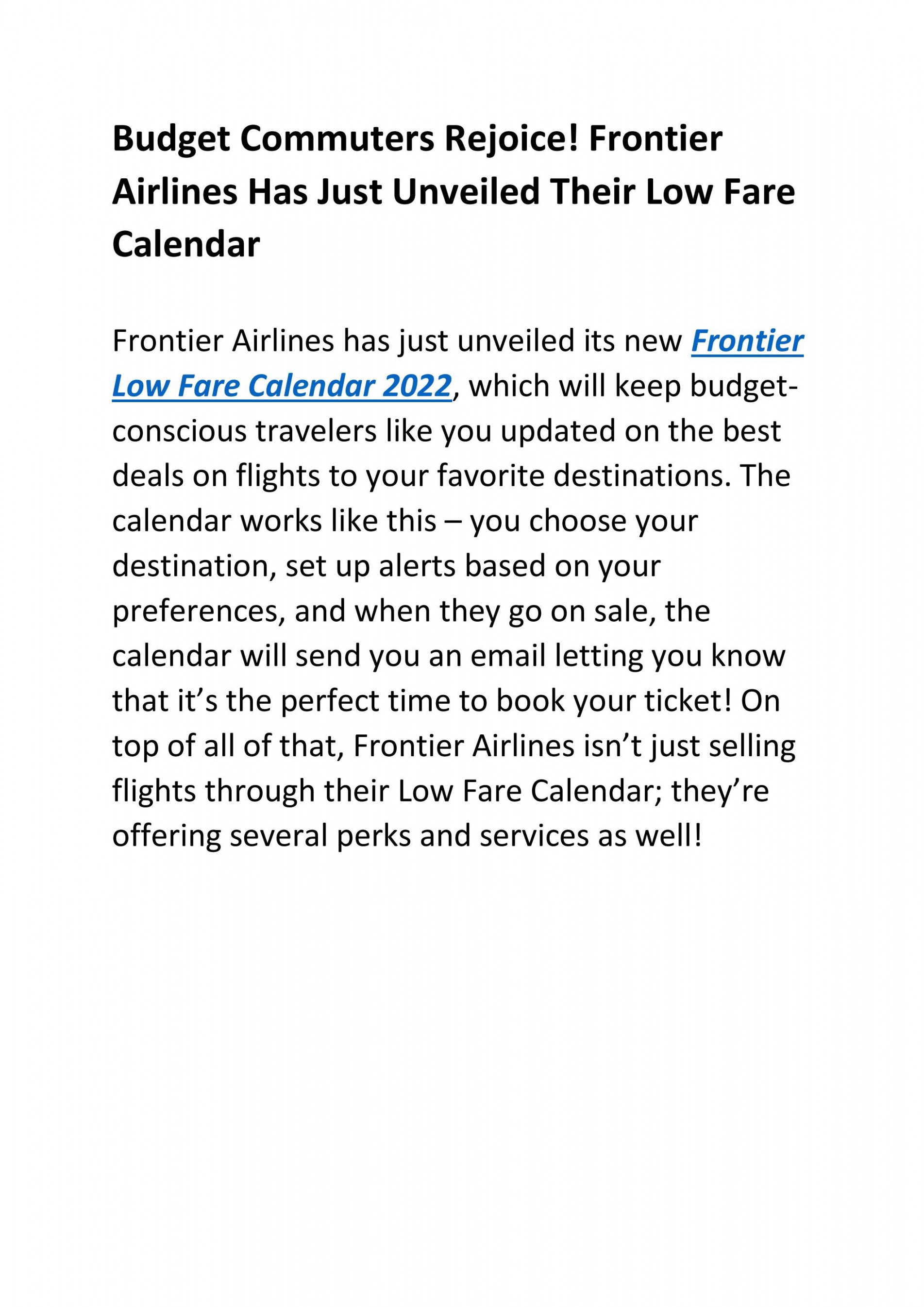 Frontier Airlines Has Just Unveiled Their Low Fare Calendar by