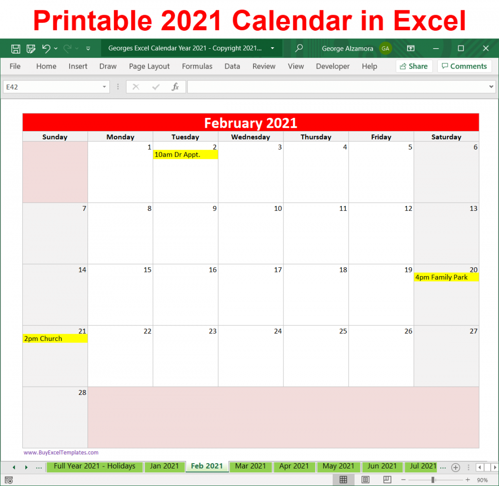 Georges Excel Calendar Year