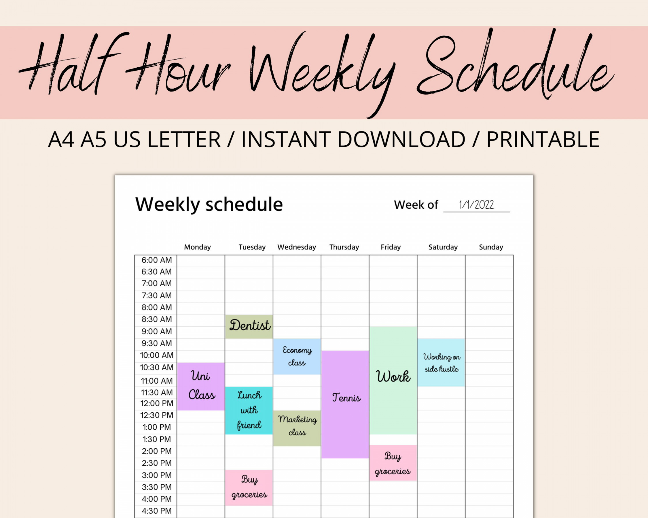 Half Hour Weekly Schedule Printable Planner Planner Inserts - Etsy