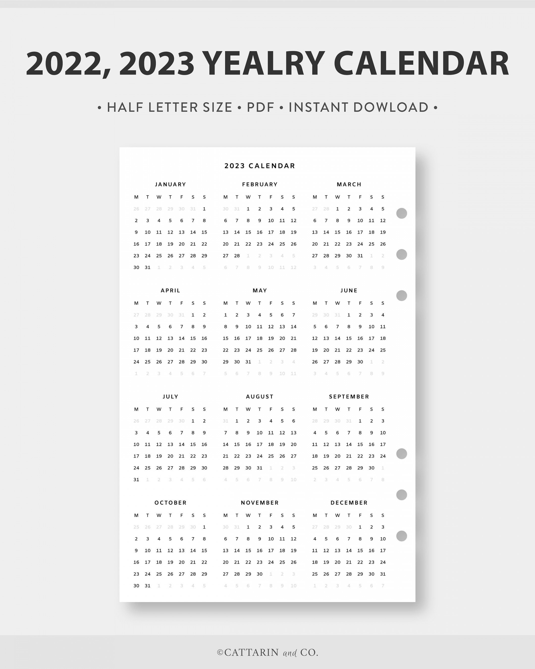 Half Letter   Yearly Calendar Printable Year at a - Etsy