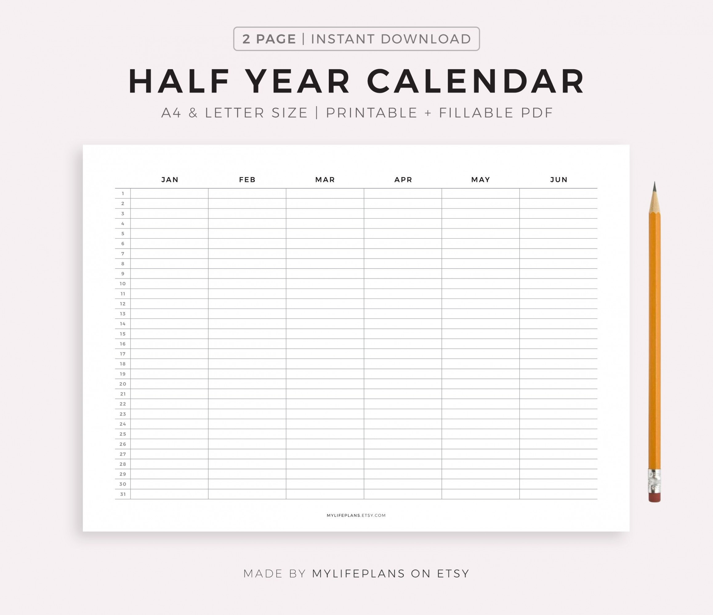 Half Year Calendar Printable Undated Calendar on  Pages - Etsy