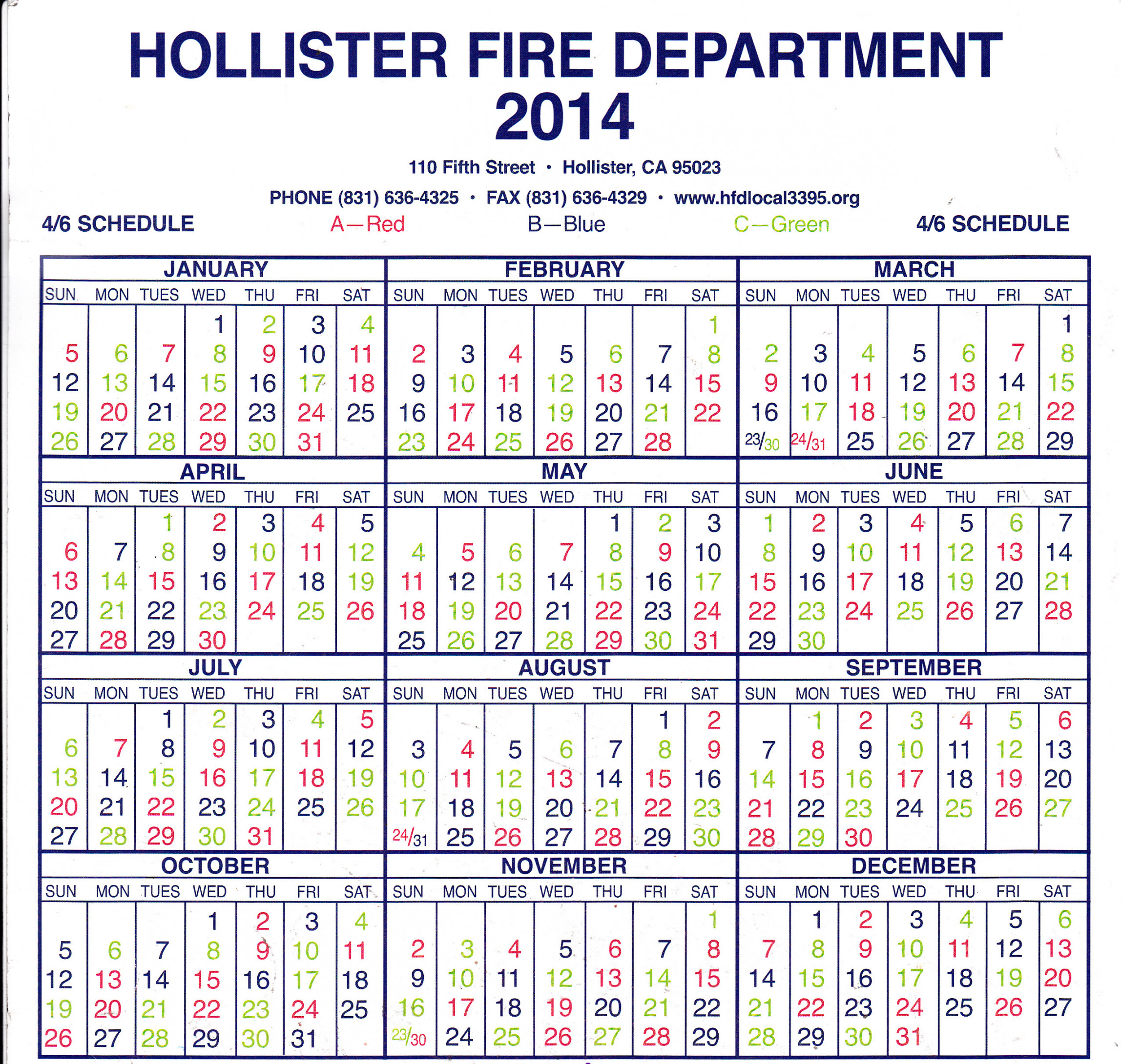 Hollister Fire Department Local  - Shift Calendar