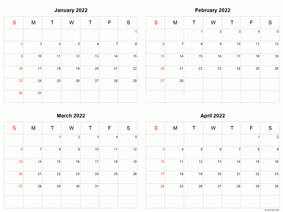January to April  Printable Calendar  Four Months Per Page