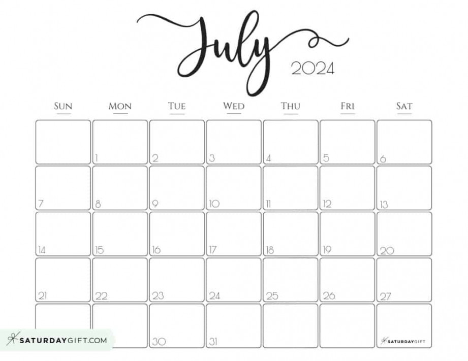 July  Calendar -  Cute & FREE Printables  SaturdayGift