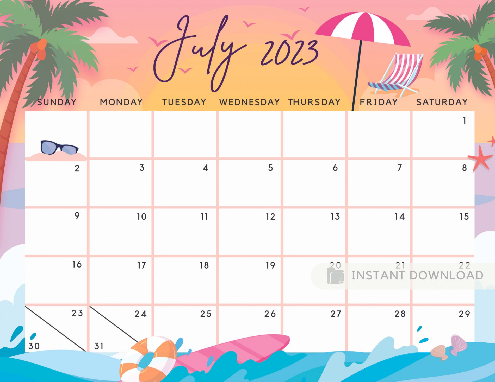 July  Calendar Printable Summer Planner Calendar Cute Pink