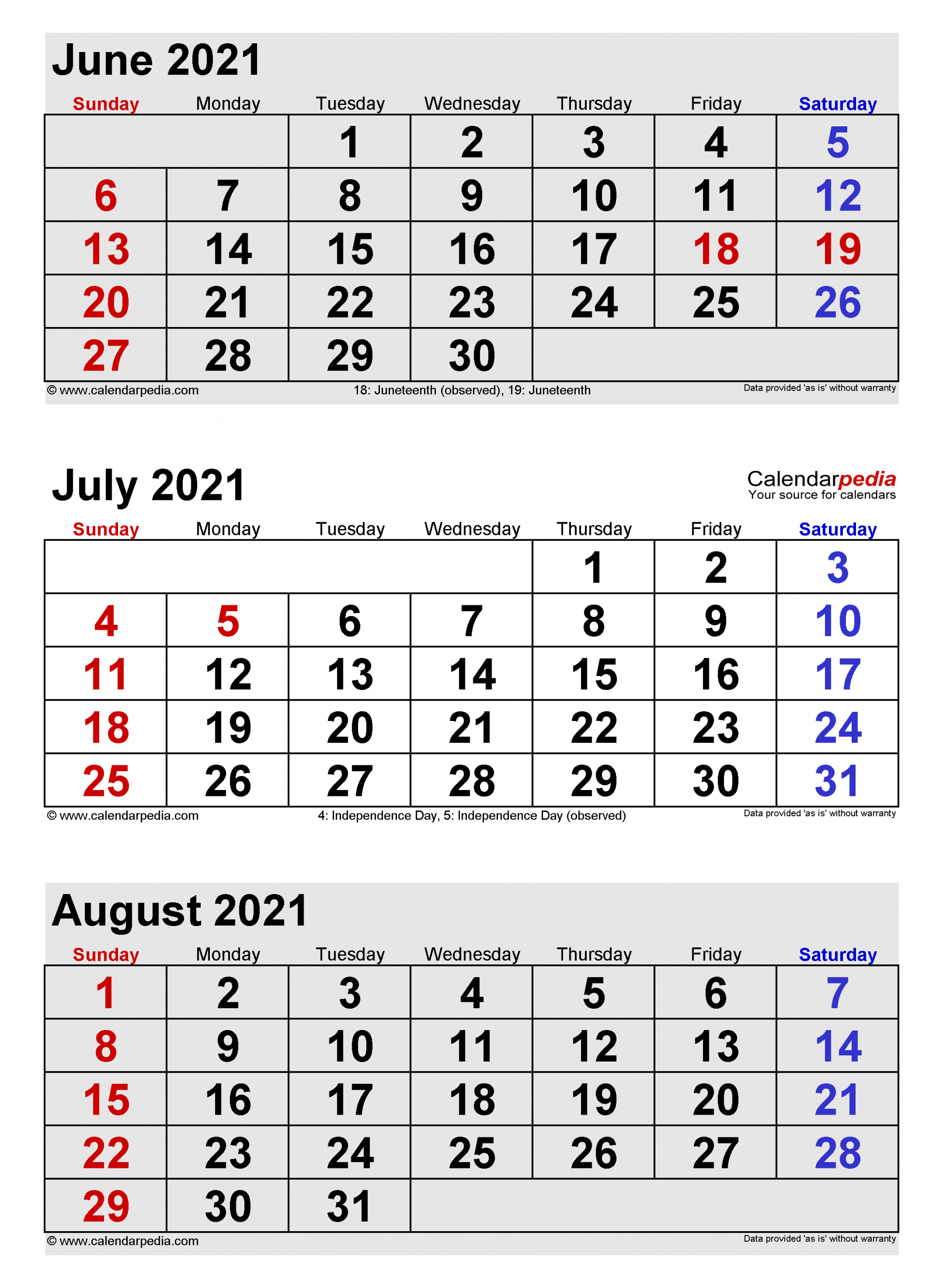 July  Calendar  Templates for Word, Excel and PDF