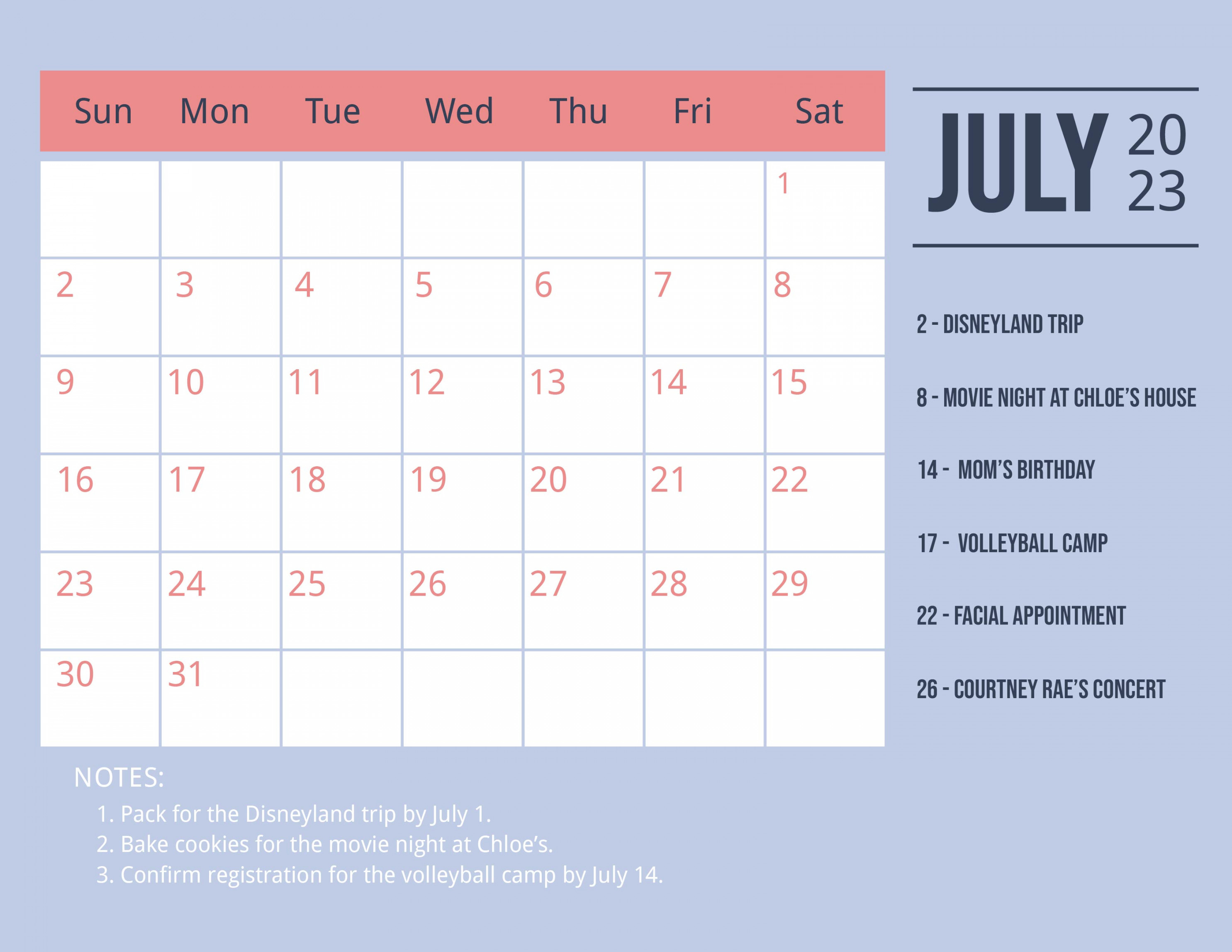 July  Monthly Calendar Template - Download in Word, Google