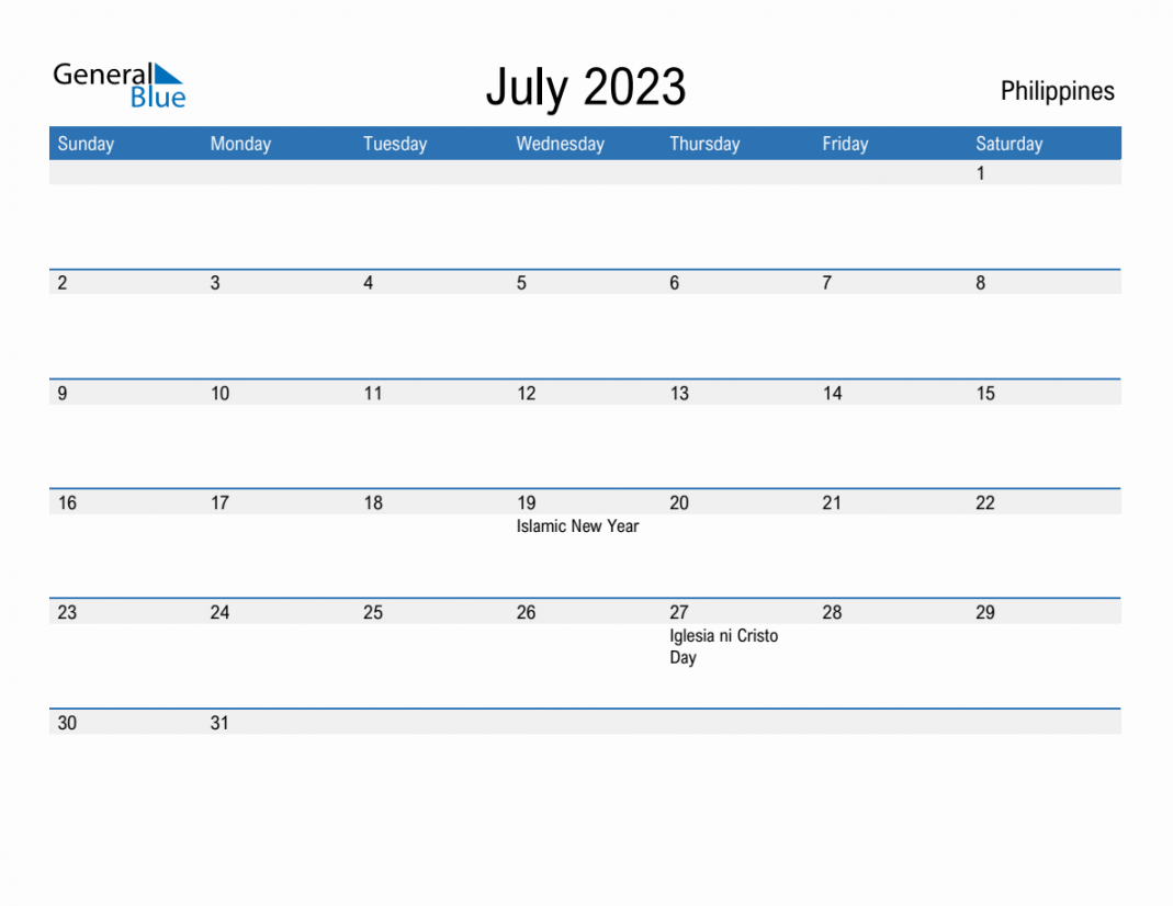 July  Monthly Calendar with Philippines Holidays