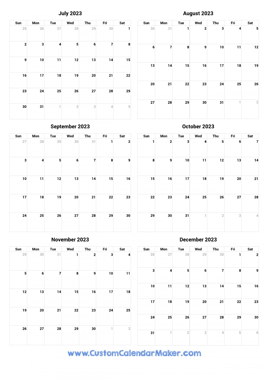 July to December  Printable Calendar