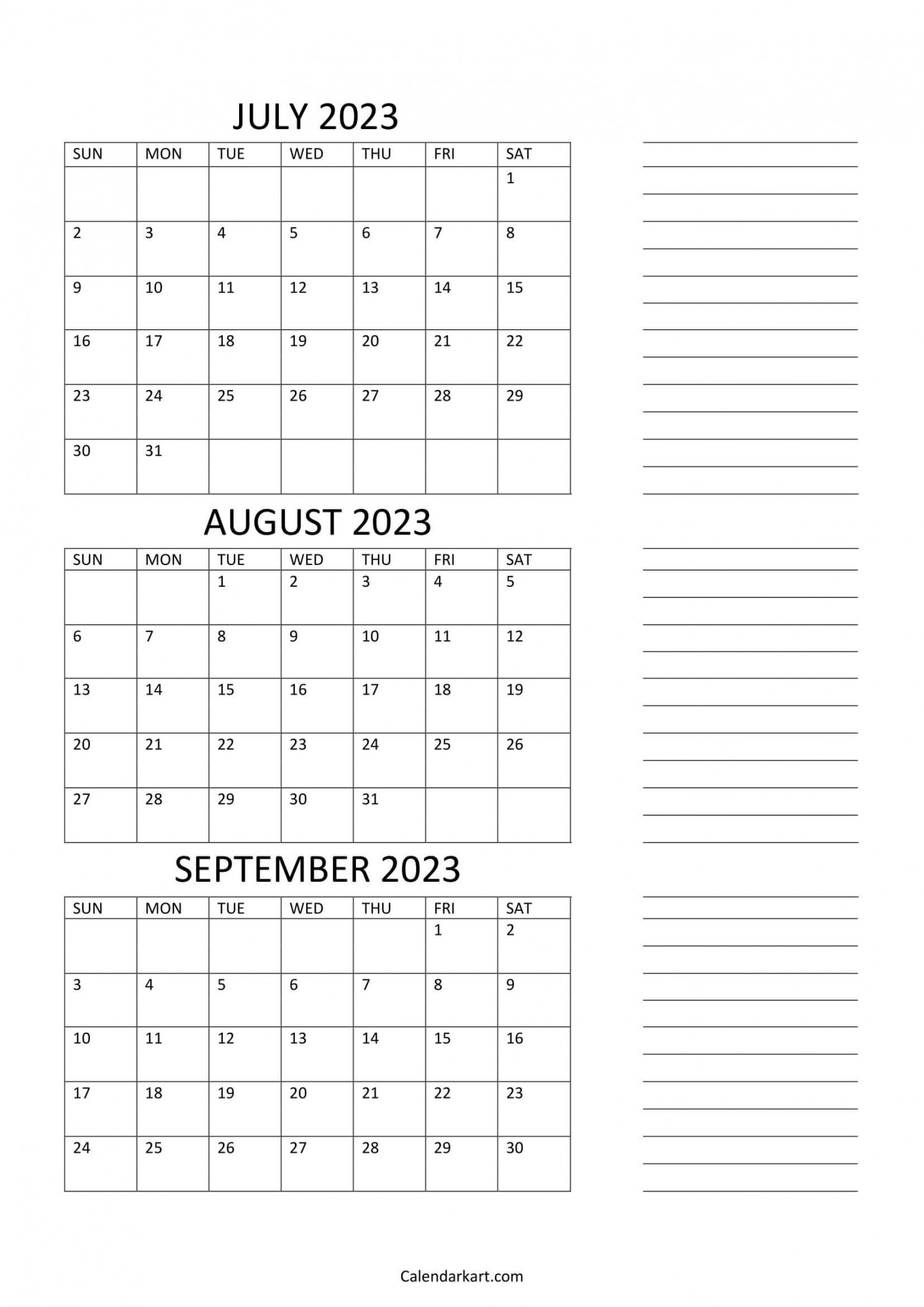 July to September  Calendar (Q) - CalendarKart