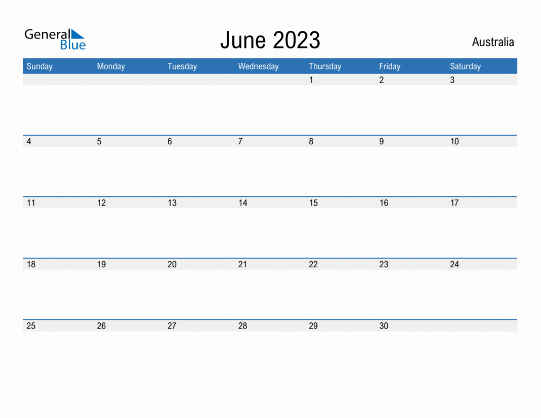 June  Monthly Calendar with Australia Holidays