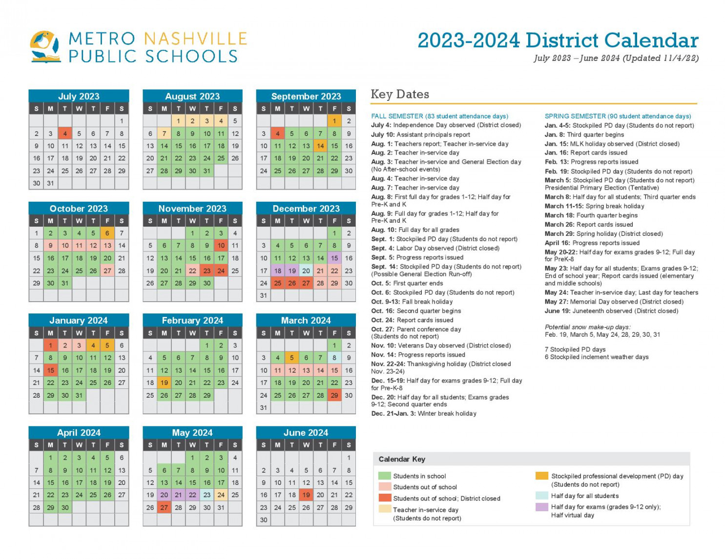 Metro Nashville Public Schools Calendar - Holidays