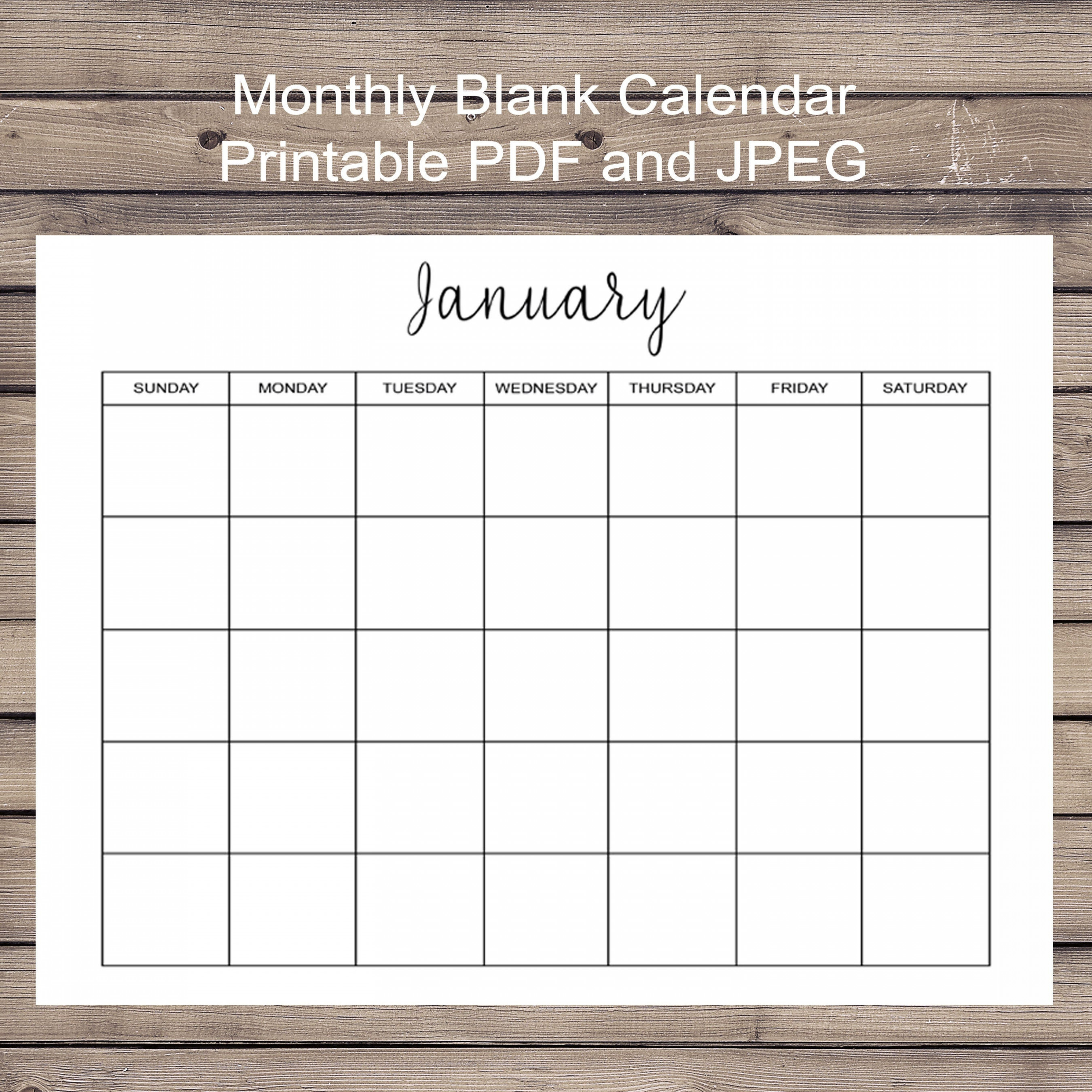 Month Blank Calendar, Printable Monthly Calendar,  Month Calendar,  Instant Download
