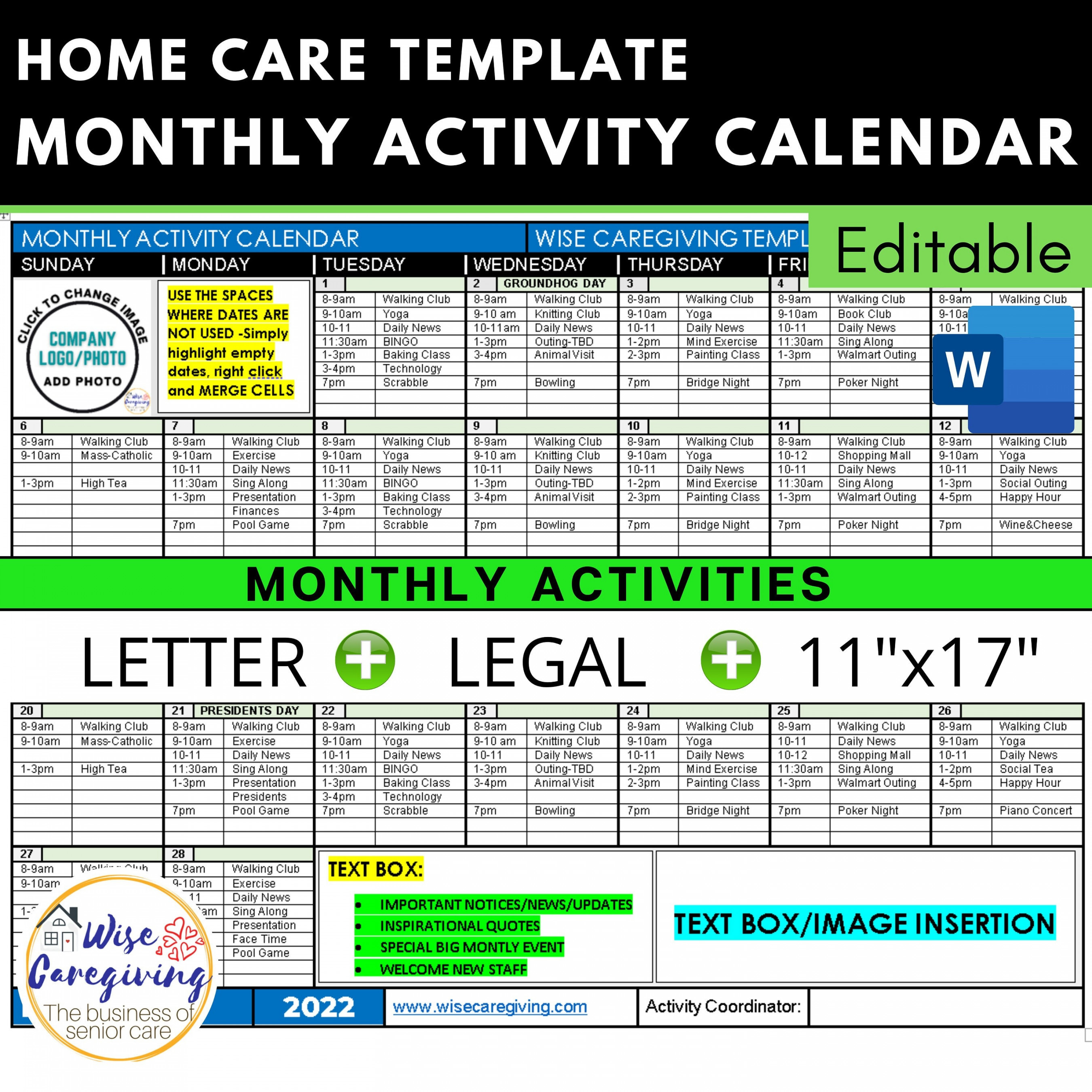 Monthly Activity Calendar Home Care Template Community Event