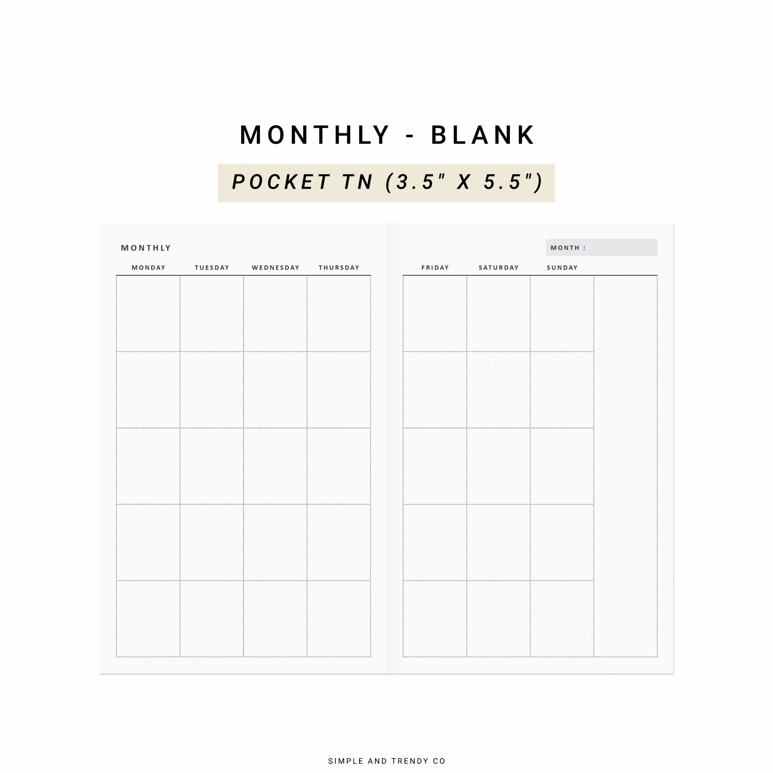 Monthly Planner Printable Minimalist Pocket TN Undated Month - Etsy