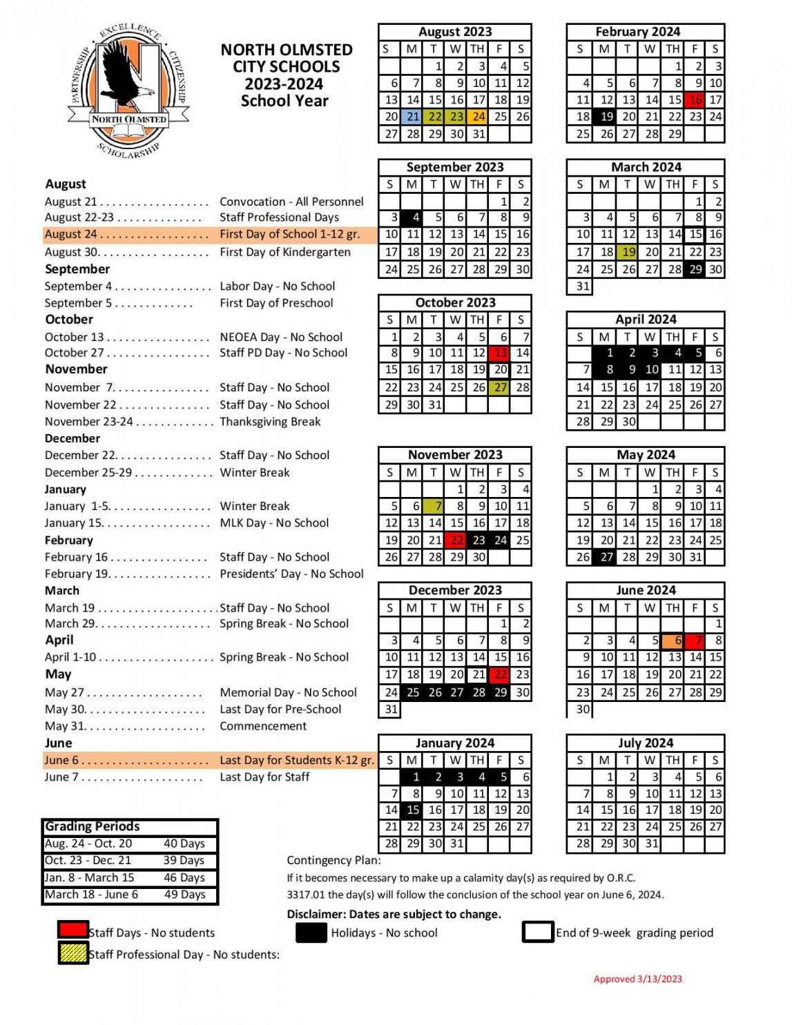 North Olmsted City Schools Calendar - in PDF