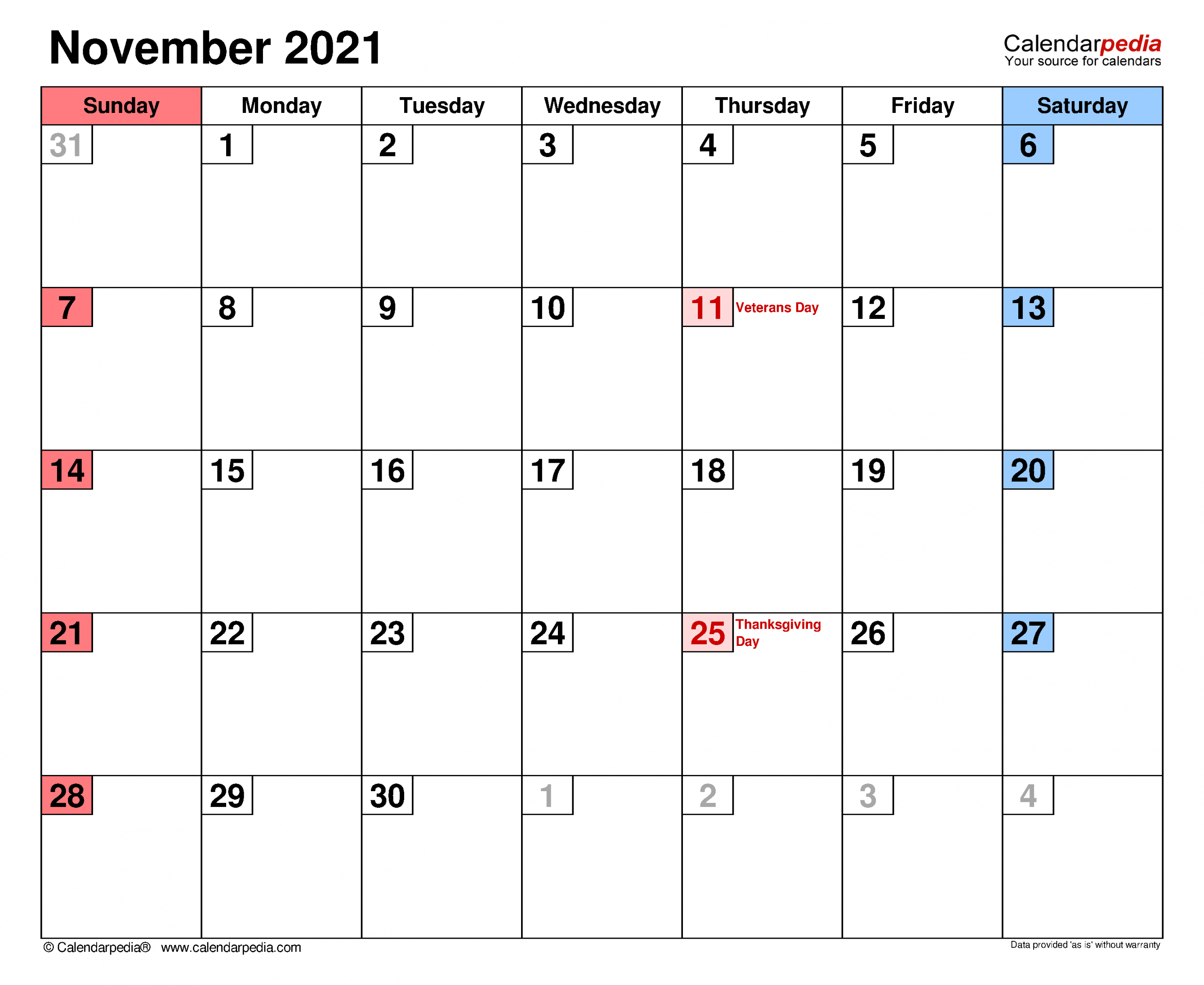 November  Calendar  Templates for Word, Excel and PDF