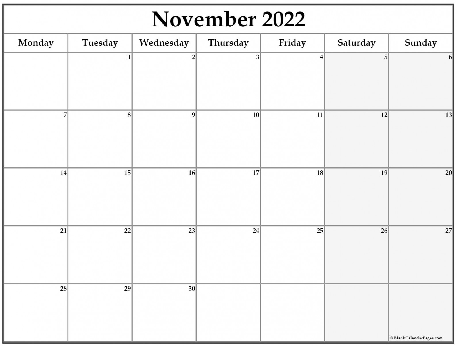 November  Monday Calendar  Monday to Sunday