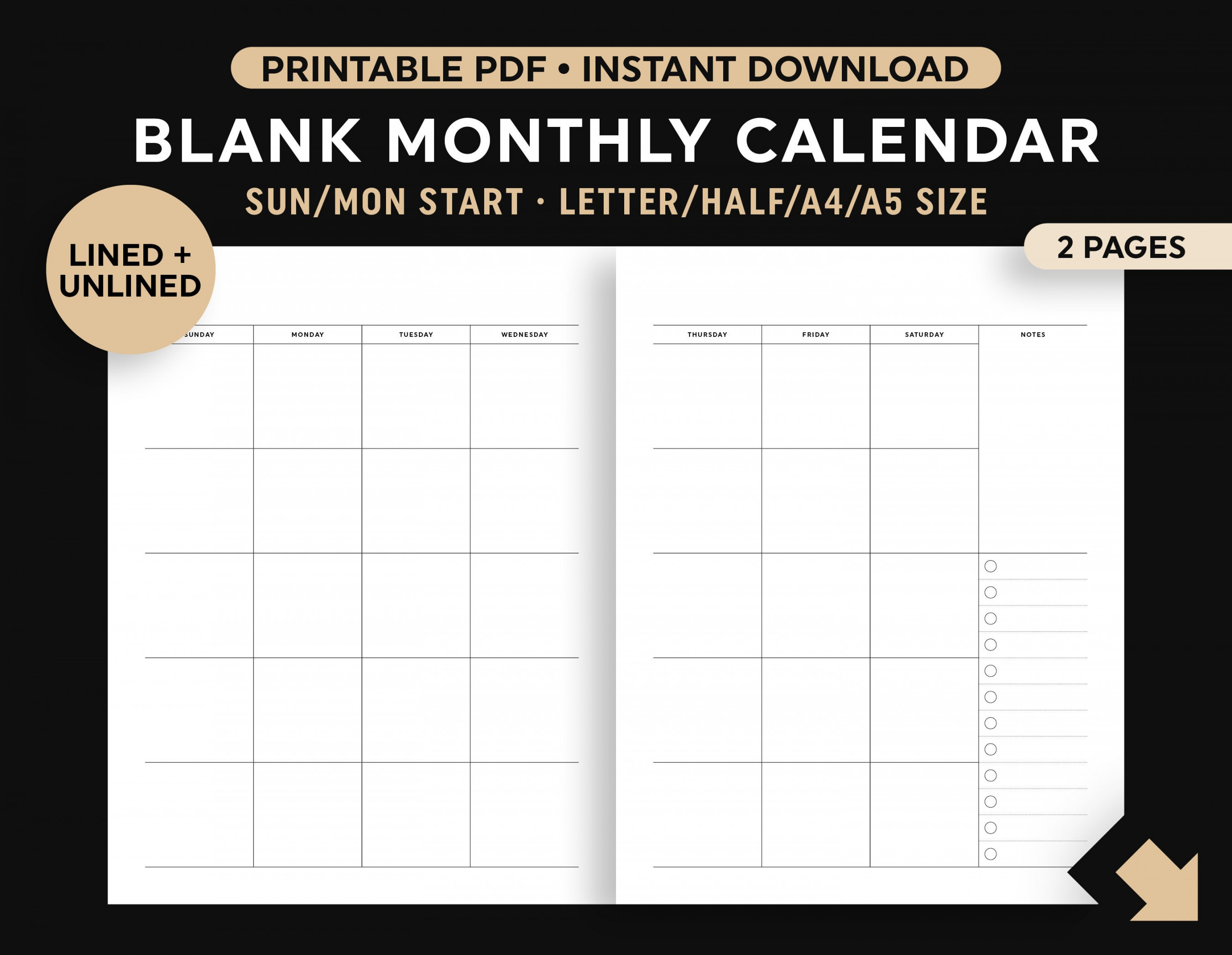 Page Blank Monthly Calendar Printable Two Page Month - Etsy
