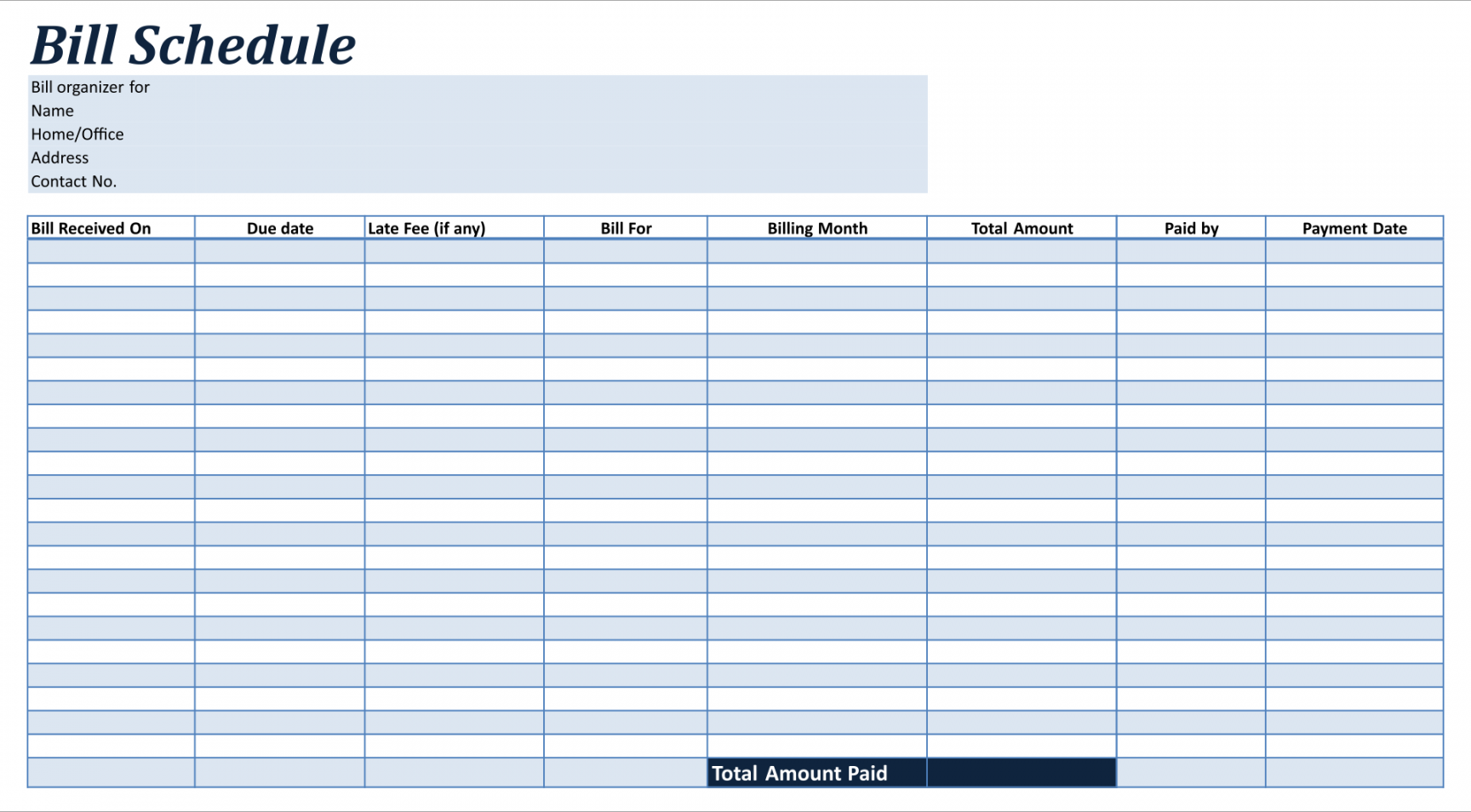 Printable Bill Payment Schedule Template Excel  Templates