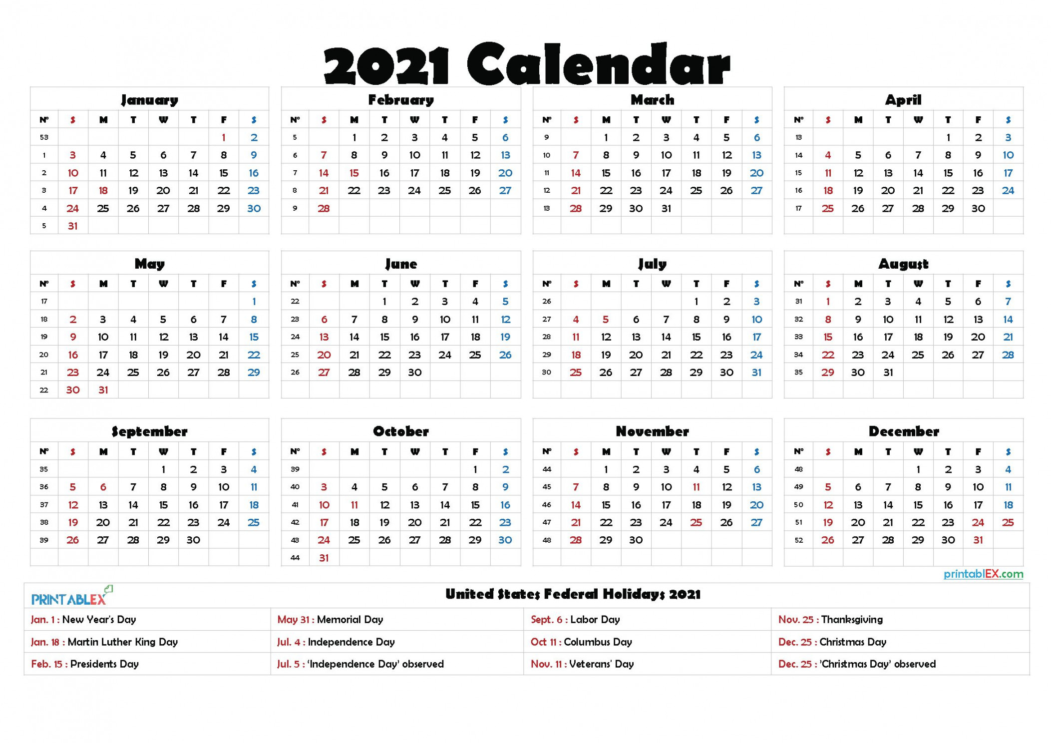 Printable Calendar With Holidays with Federal Government