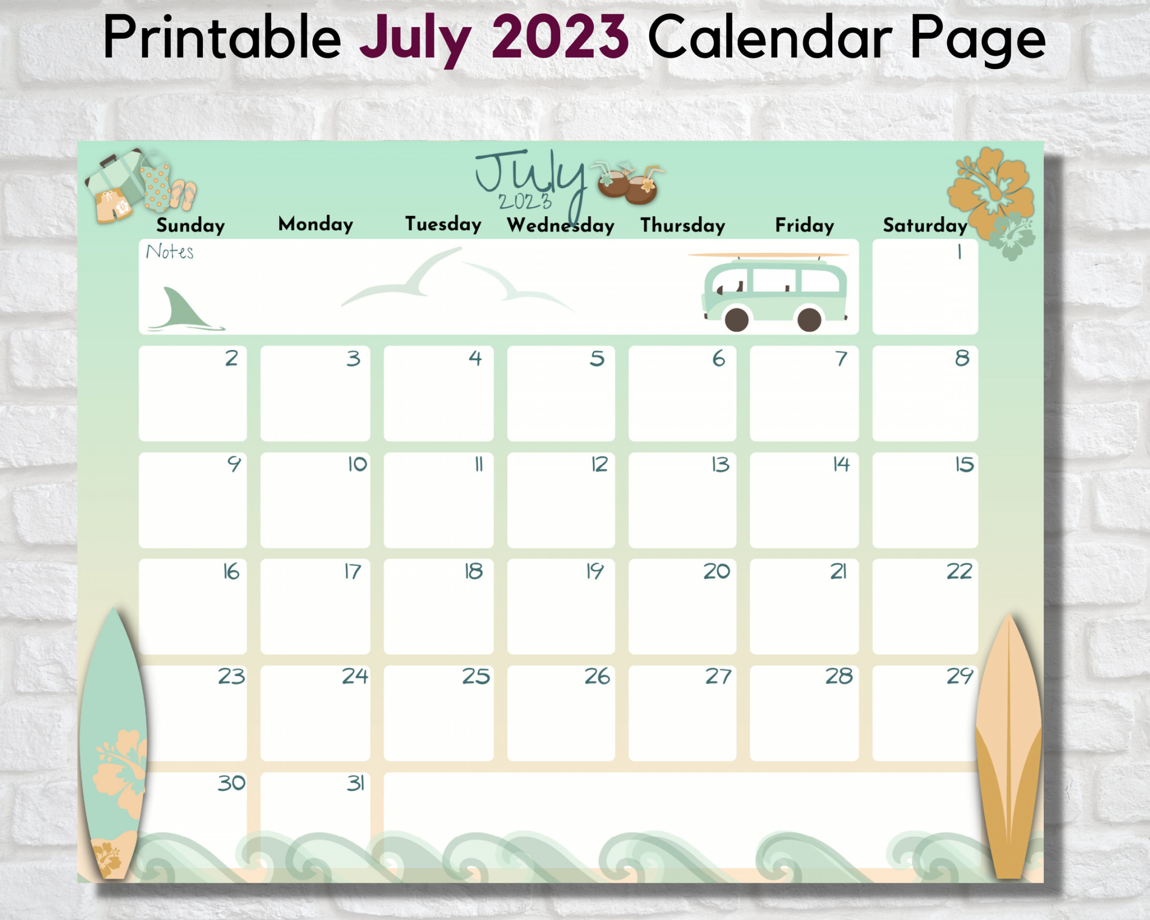 Printable July  Calendar Page Retro Summer Beach Design - Etsy
