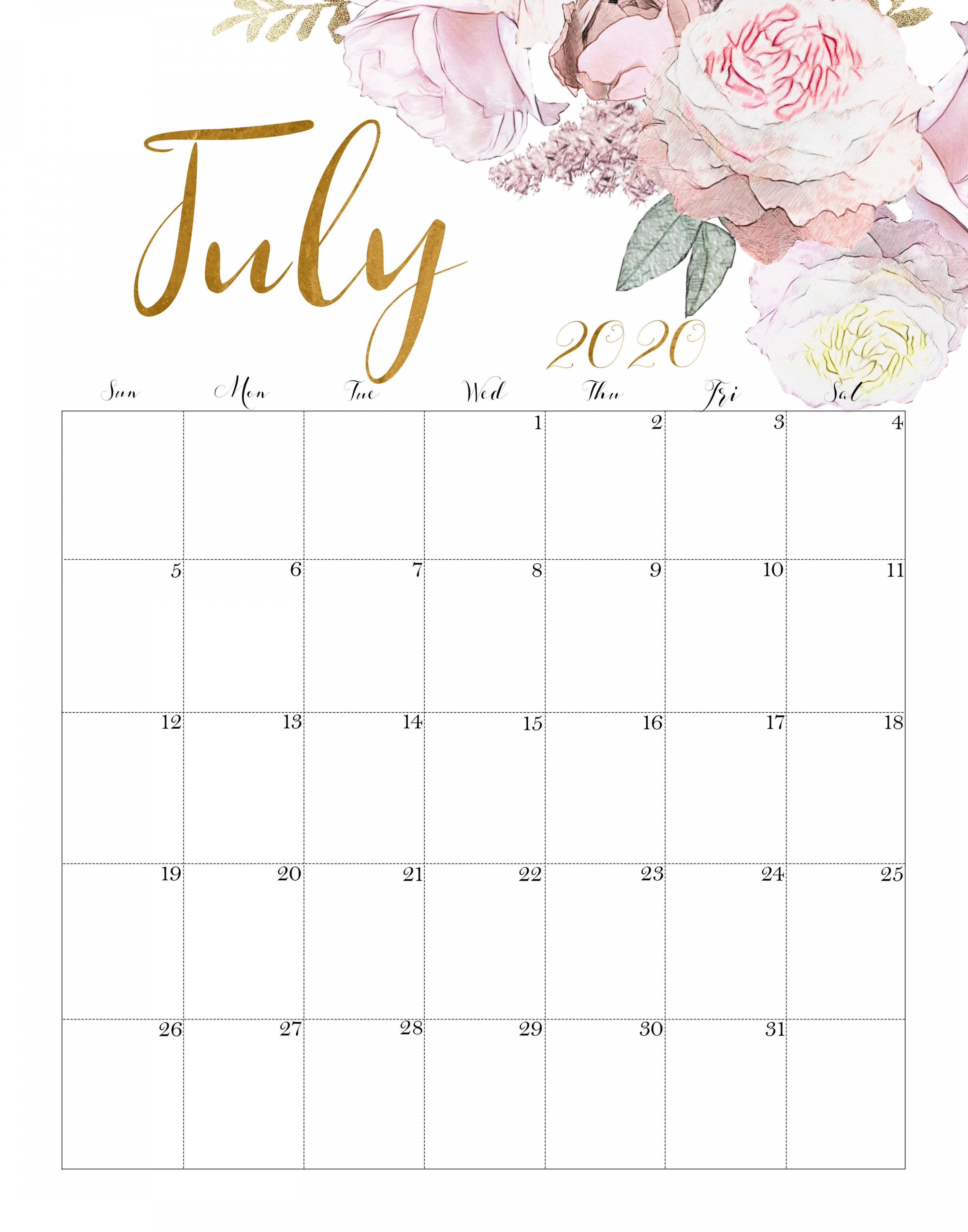 Printable July  Floral Calendar  July calendar, Calendar