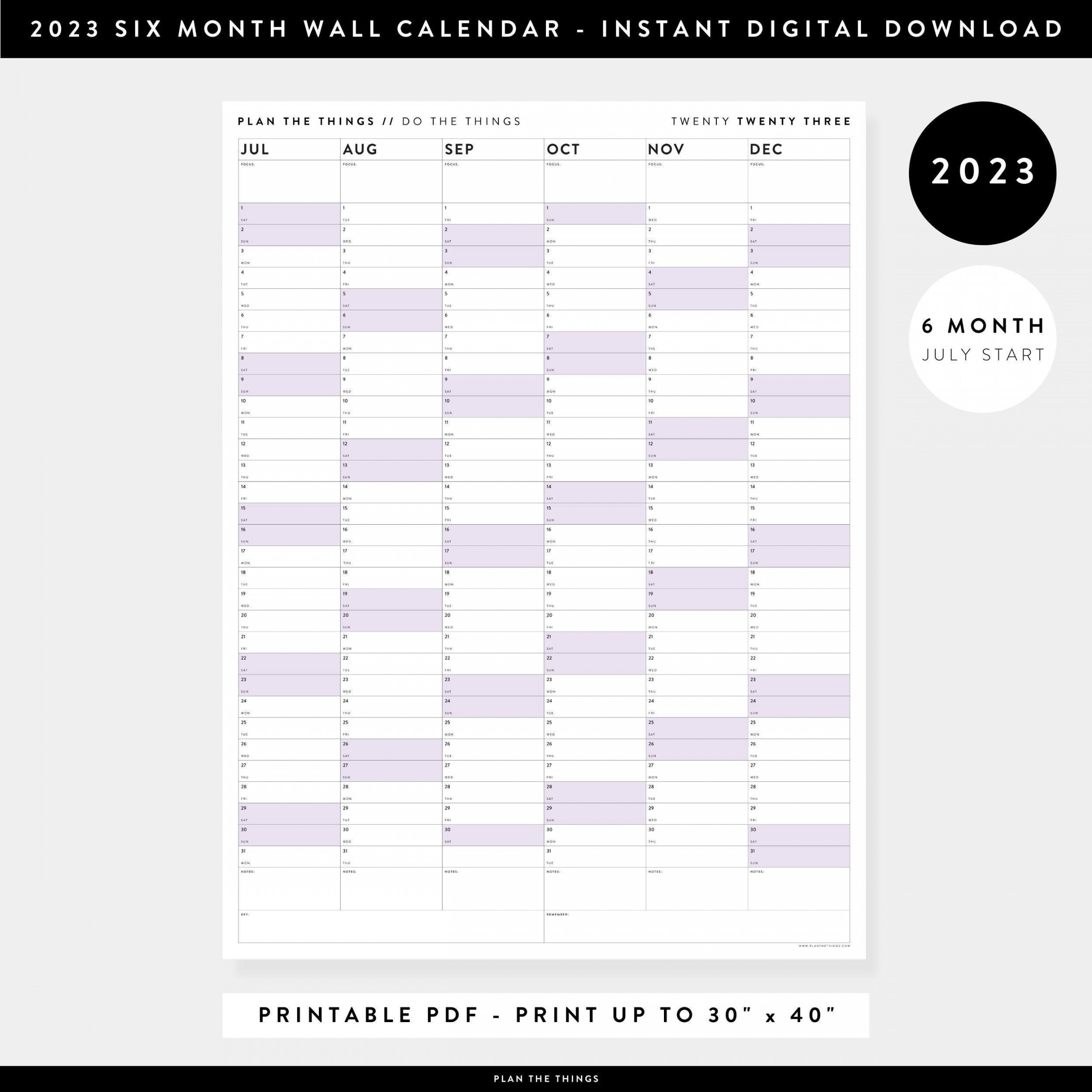 PRINTABLE Six Month  Giant Wall Calendar July December - Etsy
