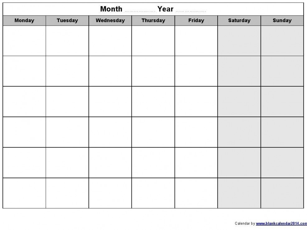 Remarkable Blank Monday To Friday Calendar Template  Monthly