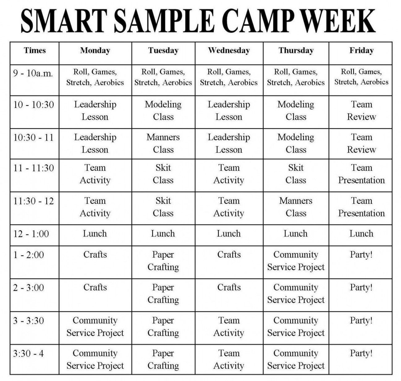 sample summer camp schedule template blank blank calendar summer