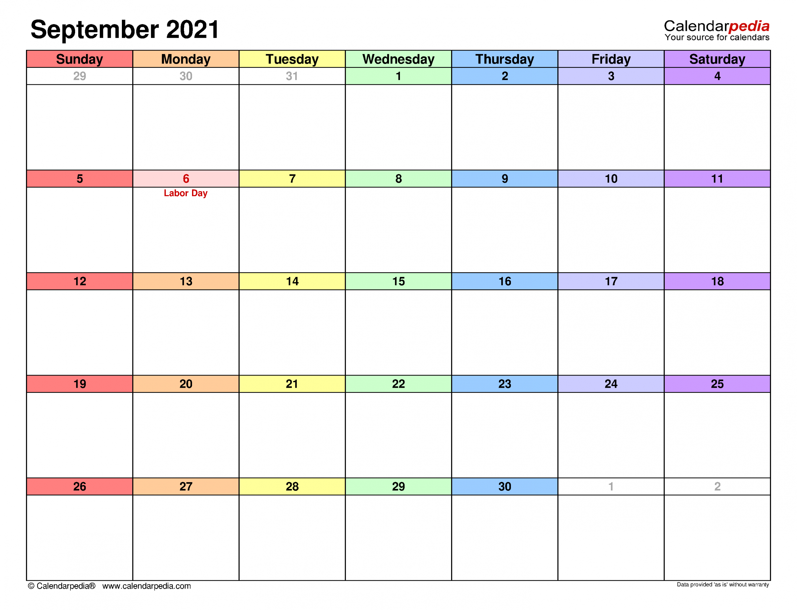 September  Calendar  Templates for Word, Excel and PDF