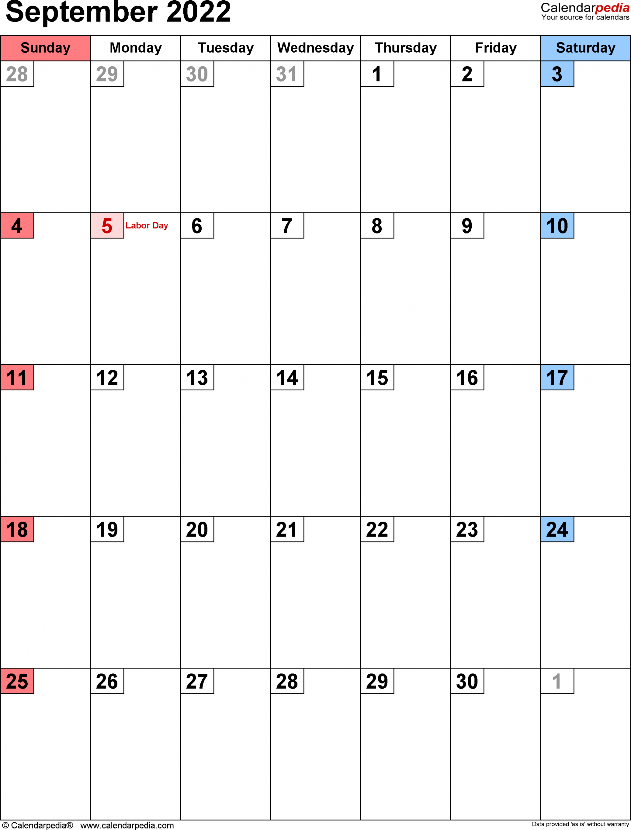 September  Calendar  Templates for Word, Excel and PDF