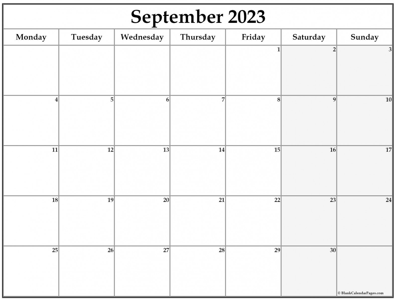 September  Monday Calendar  Monday to Sunday