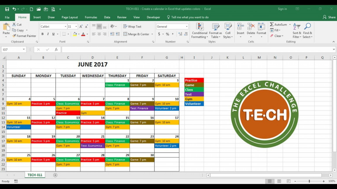 TECH- - Create a calendar in Excel that automatically updates colors by  event category